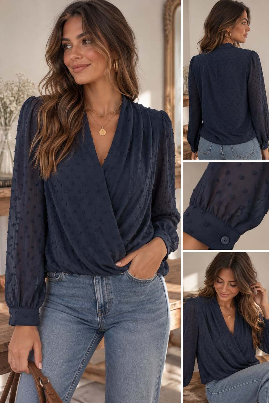 Beacon Apparel Kali Clip Dot Surplice Blouse Size SP Navy Blue